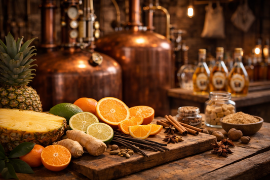 Fruits exotiques et épices disposés sur une table en bois dans une distillerie  de rhum