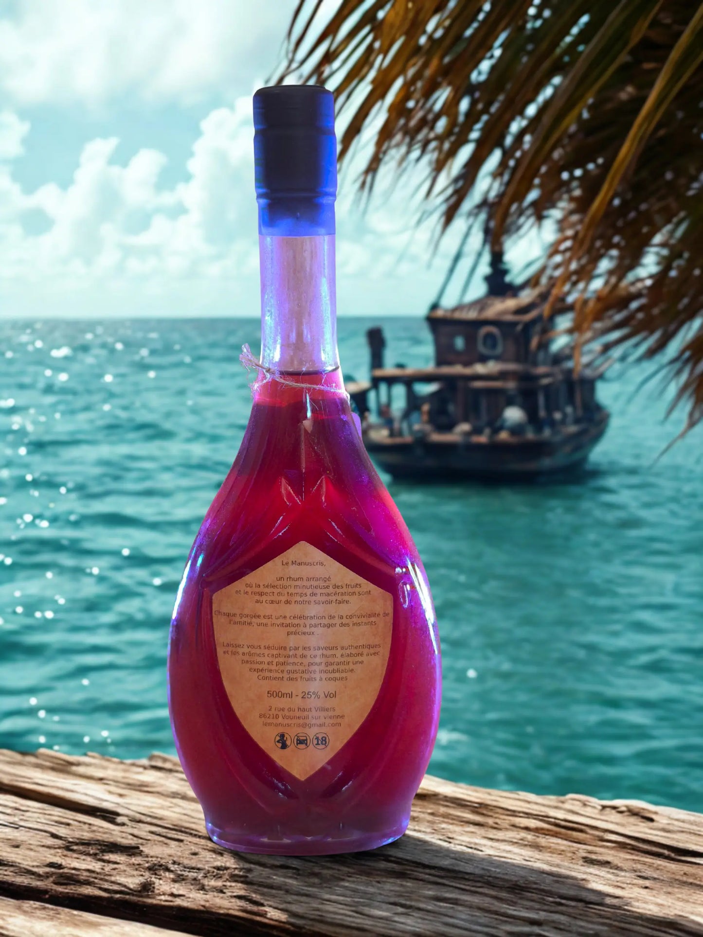 bouteille Rhum arrangé Fruits du Dragon Pêche Citron Vanille - recette artisanale - Le Manuscris - 500 ml - 25% vol.