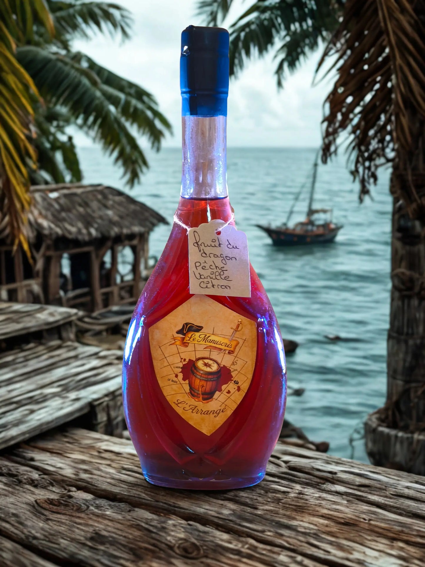bouteille Rhum arrangé Fruits du Dragon Pêche Citron Vanille - recette artisanale - Le Manuscris - 500 ml - 25% vol.